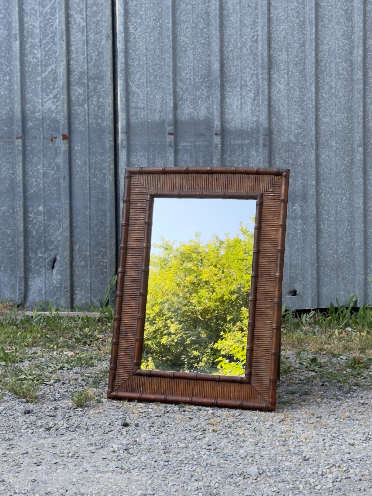 Grand miroir vintage en bambou et rotin – années 60/70