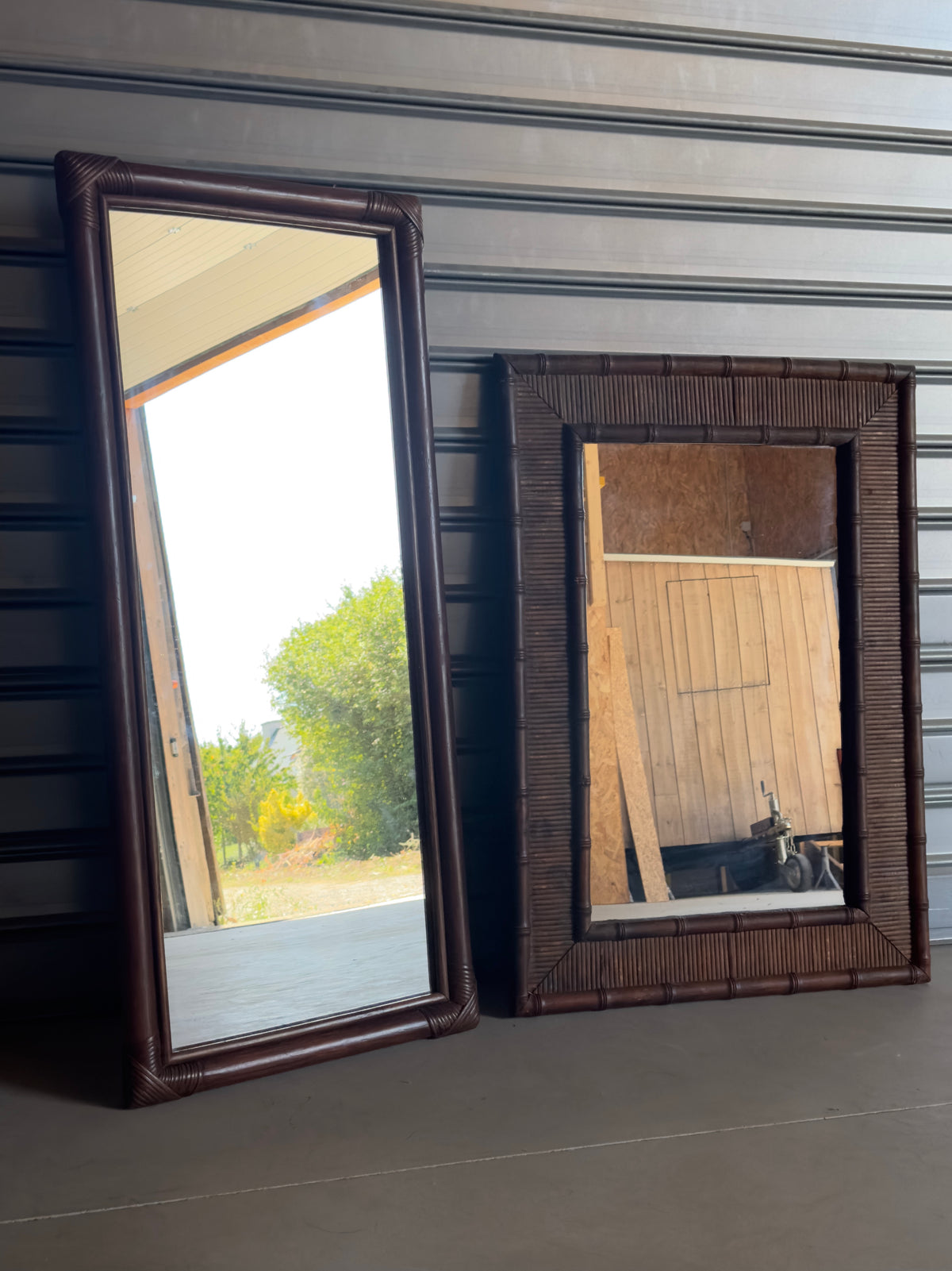 Miroir haut vintage en bambou et rotin – années 60/70
