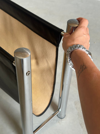 Porte-revues vintage en chrome et simili cuir noir